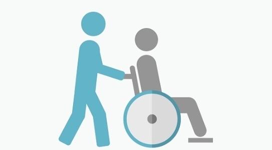 Skilt med kørestol og hjælper der skubber kørestolen